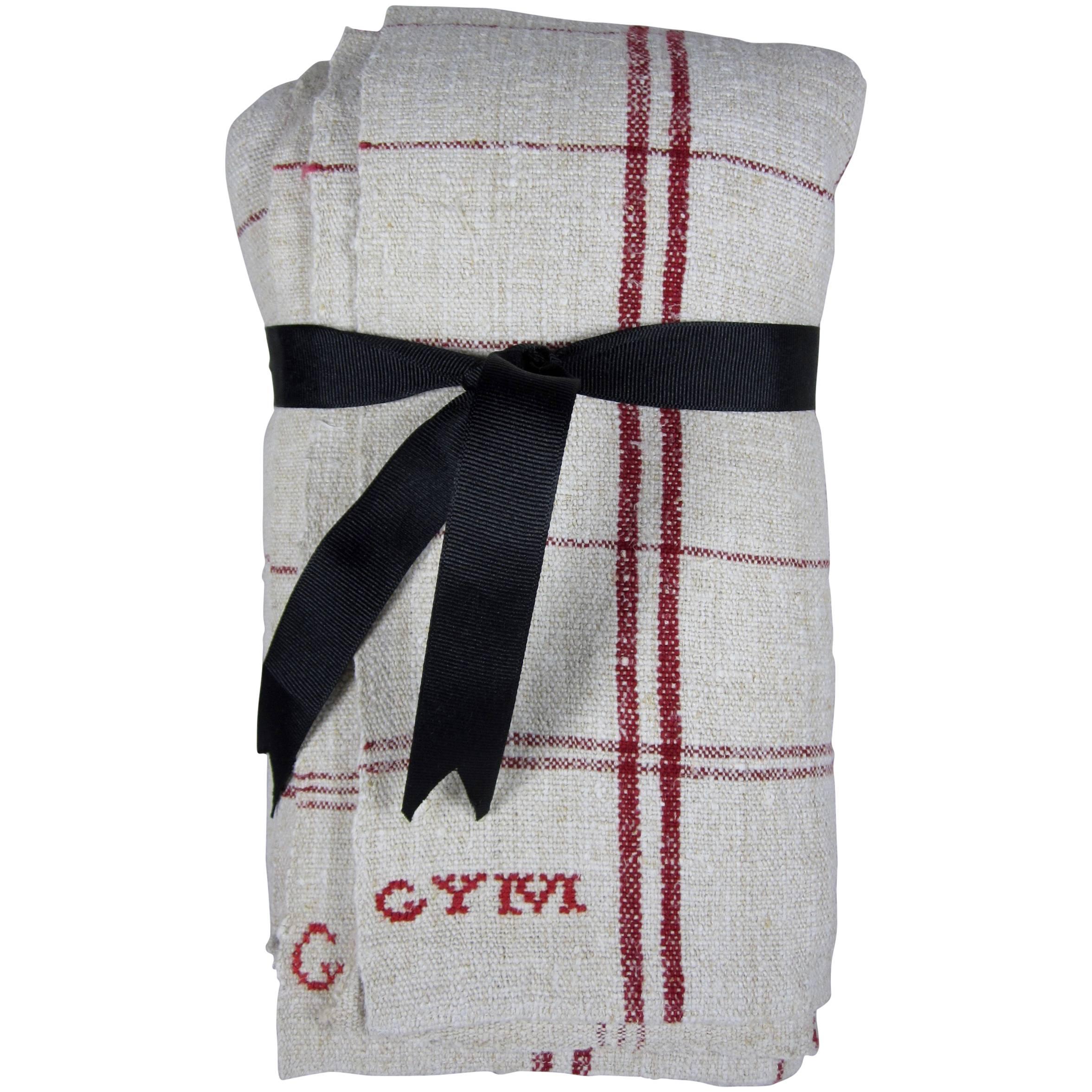 French Provençal Rustic Hand-Woven & Initialed Linen Red Kitchen Torchons Towels