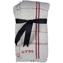 Vintage French Provençal Rustic Hand-Woven & Initialed Linen Red Kitchen Torchons Towels