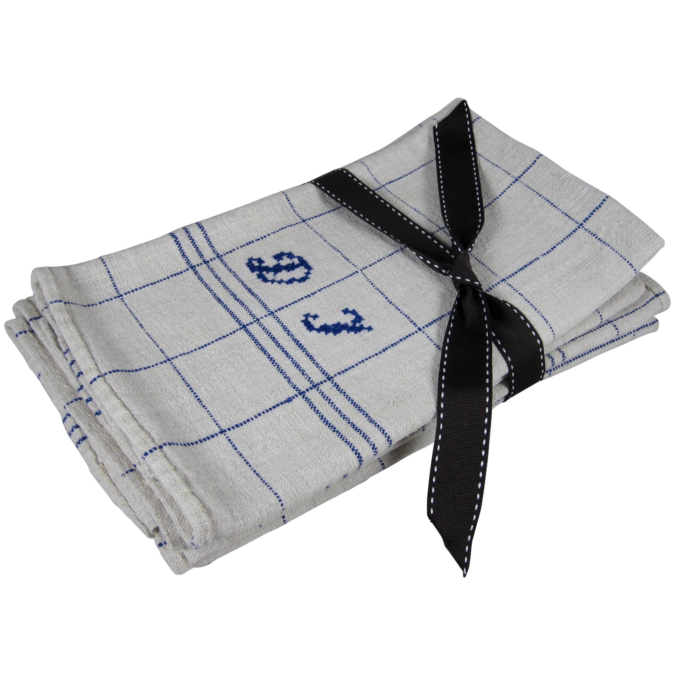 French Flea Market Hand-Spun & Embroidered Linen Oversize Tea Towels, Blue