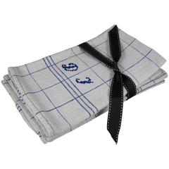 Vintage French Flea Market Hand-Spun & Embroidered Linen Oversize Tea Towels, Blue