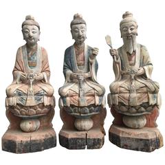 Antique China Big Taoist Sculptural Group "Three Pure Ones" Chengdu Temple, 18thc