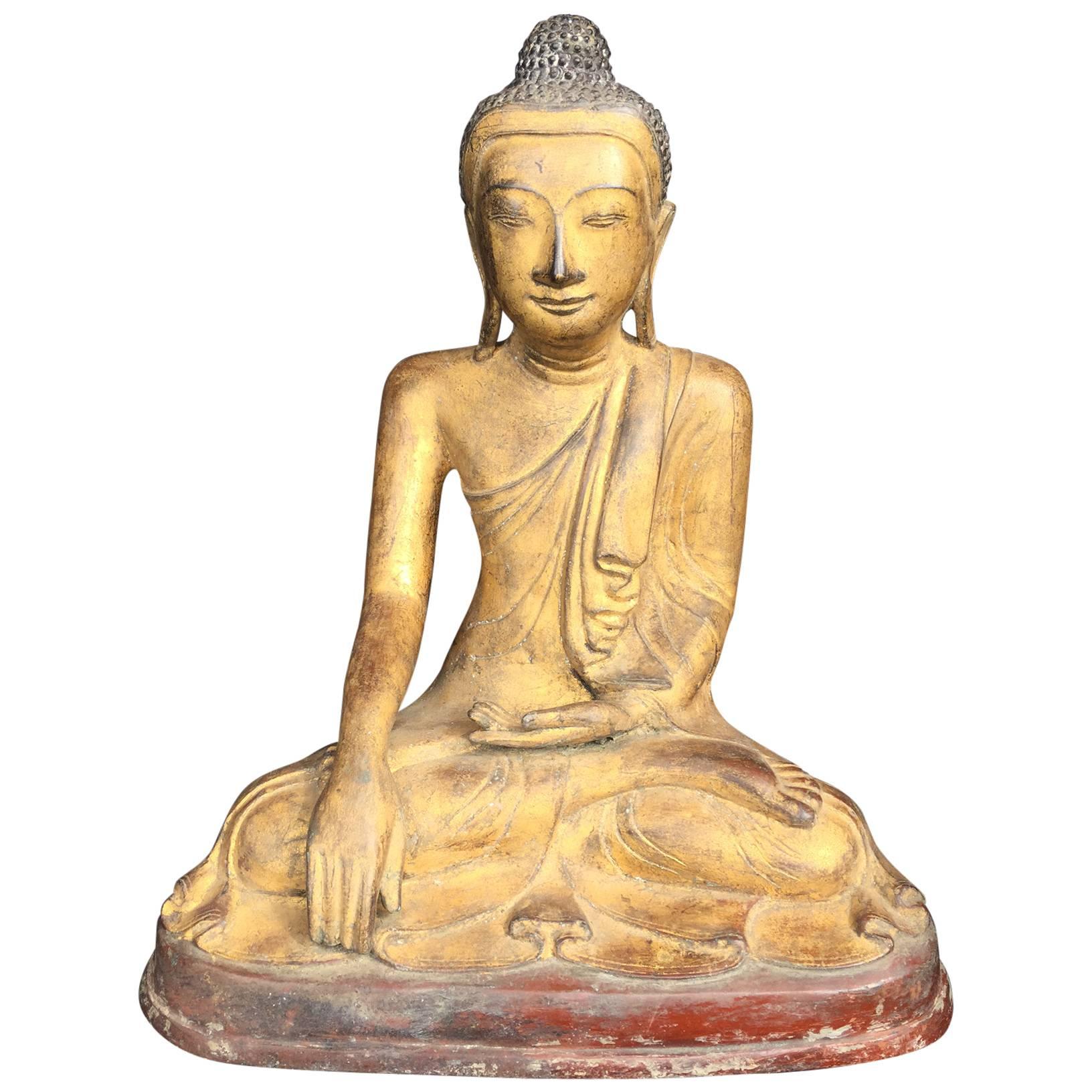 Mandalay Serene Faced Gold Gilt Bronze Seated Buddha 19th Century