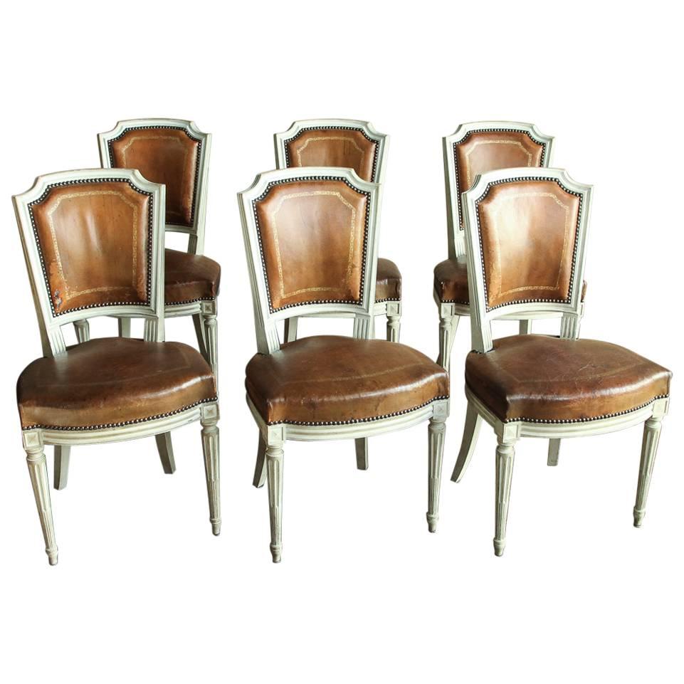 Set of Six 19th Century French Louis XVI Neoclassical Painted Leather Chairs