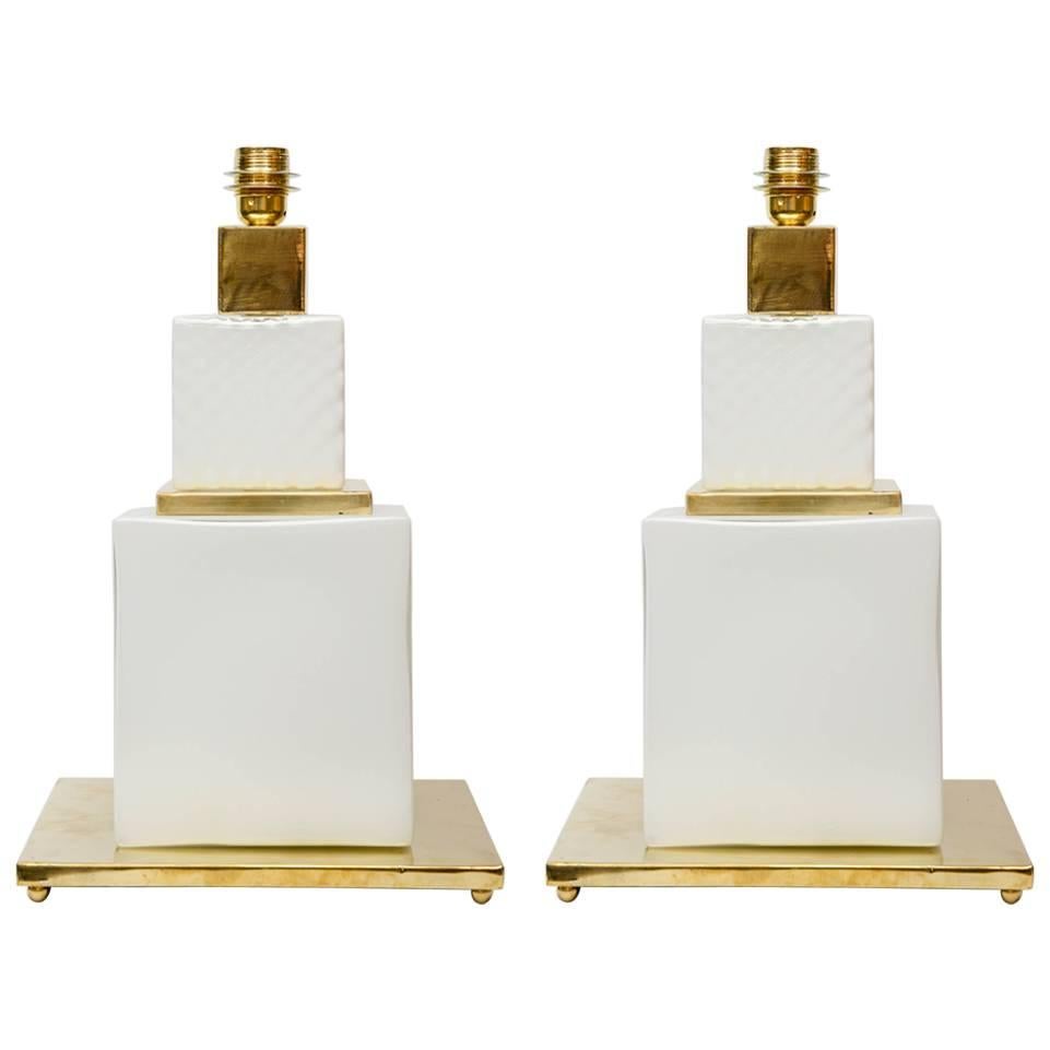 Pair of Table Lamps in Murano Glass and Brass.