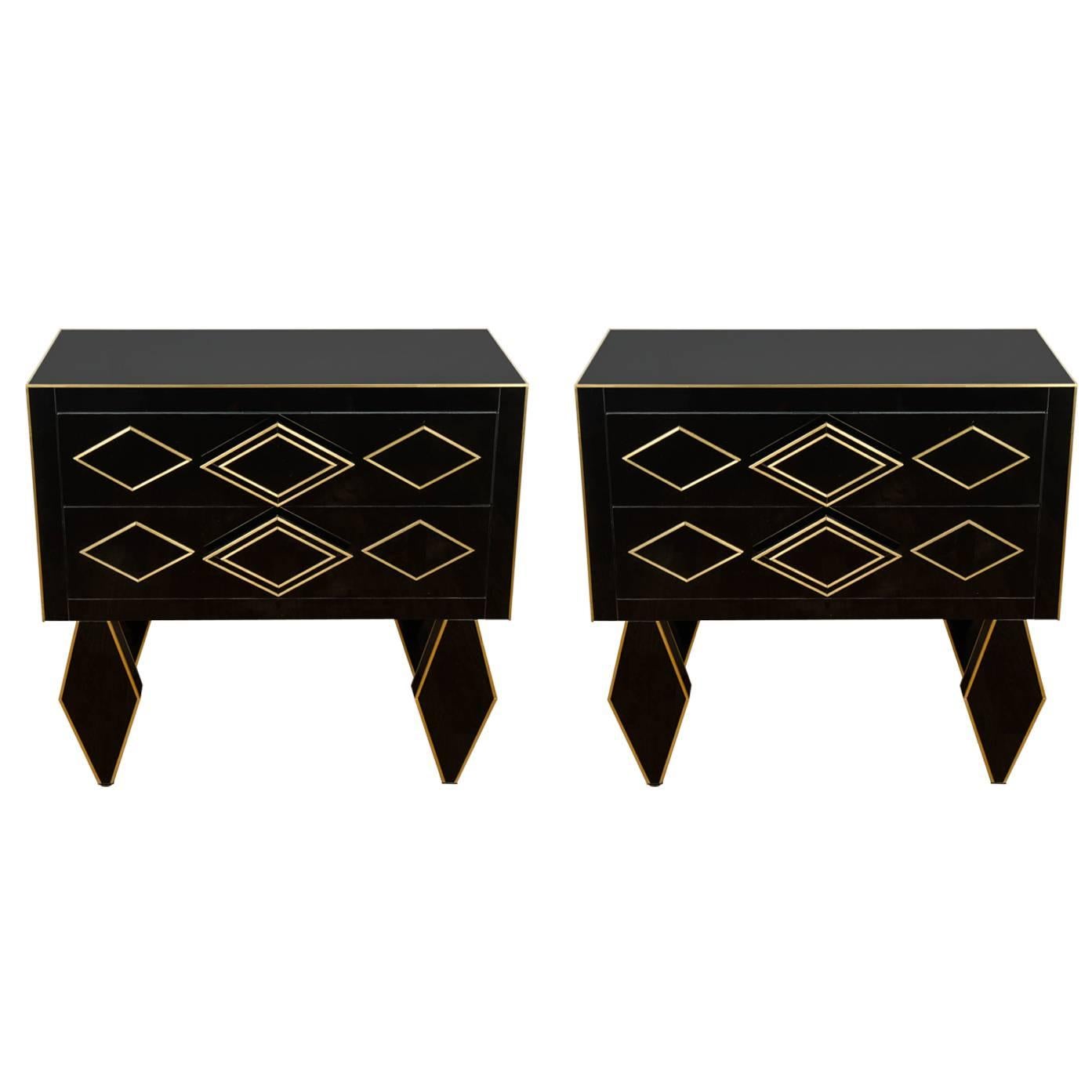 Pair of Nightstands in Teinted Glass and Brass