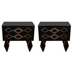 Vintage Pair of Nightstands in Teinted Glass and Brass