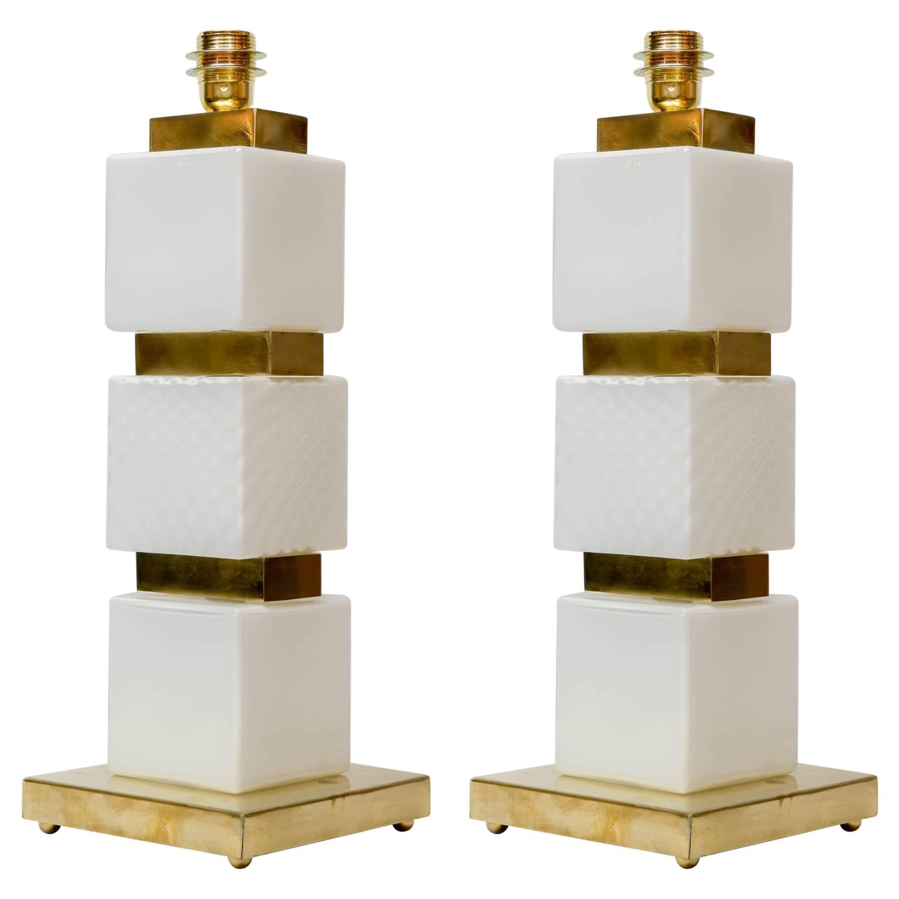 Pair of Table Lamps in Murano Glass and brass.