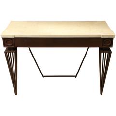 Iron Console Table with Tapered Legs and Marble Top, France, circa 1960