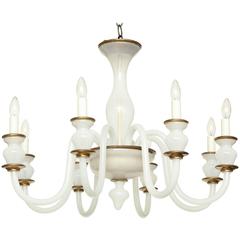 Eight-Arm White Murano Glass Chandelier with Brass Details, Italy, circa 1970