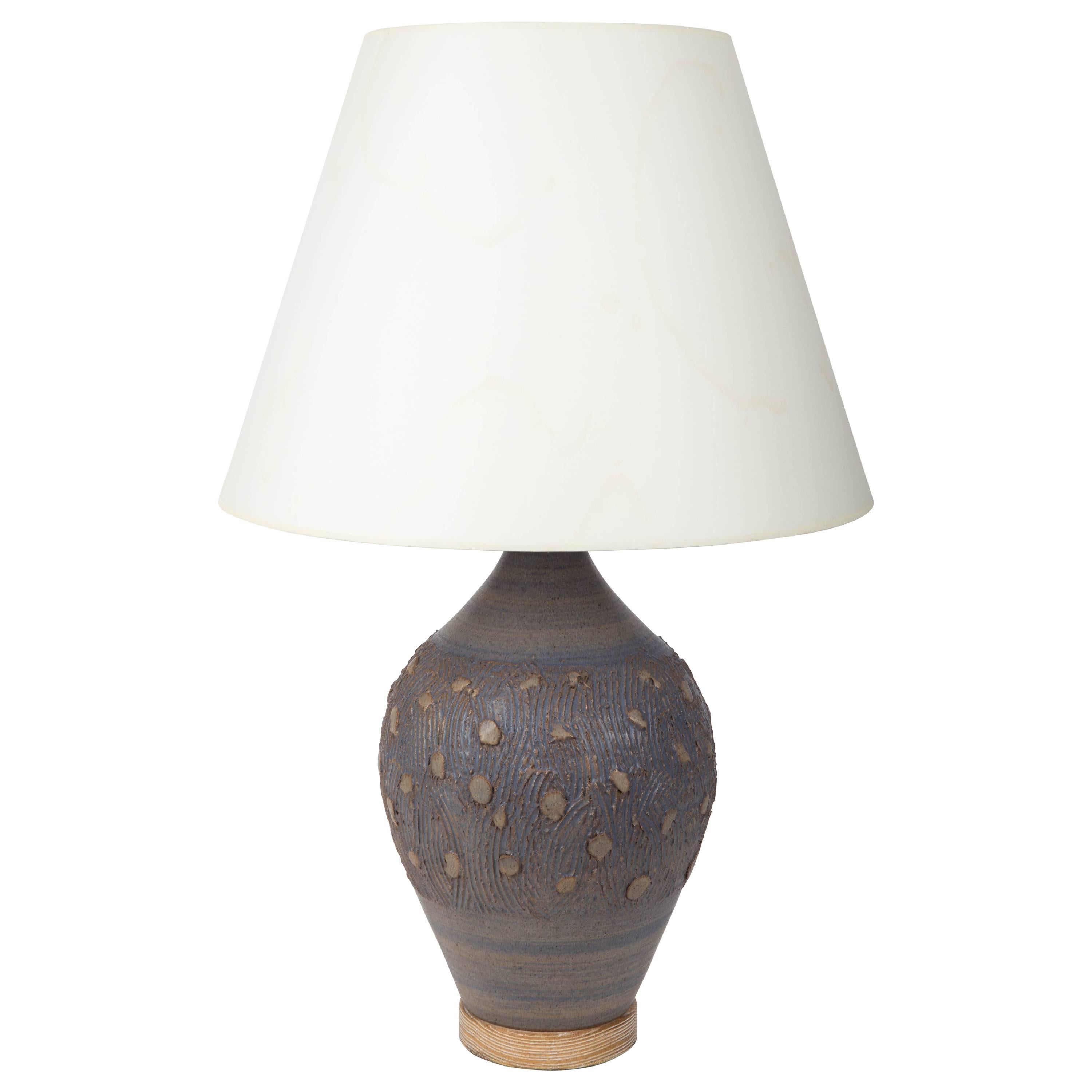 Blue Ceramic Lamp with a Cerused Oak Base