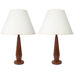Pair of Teak Lamps with Bronze Bases