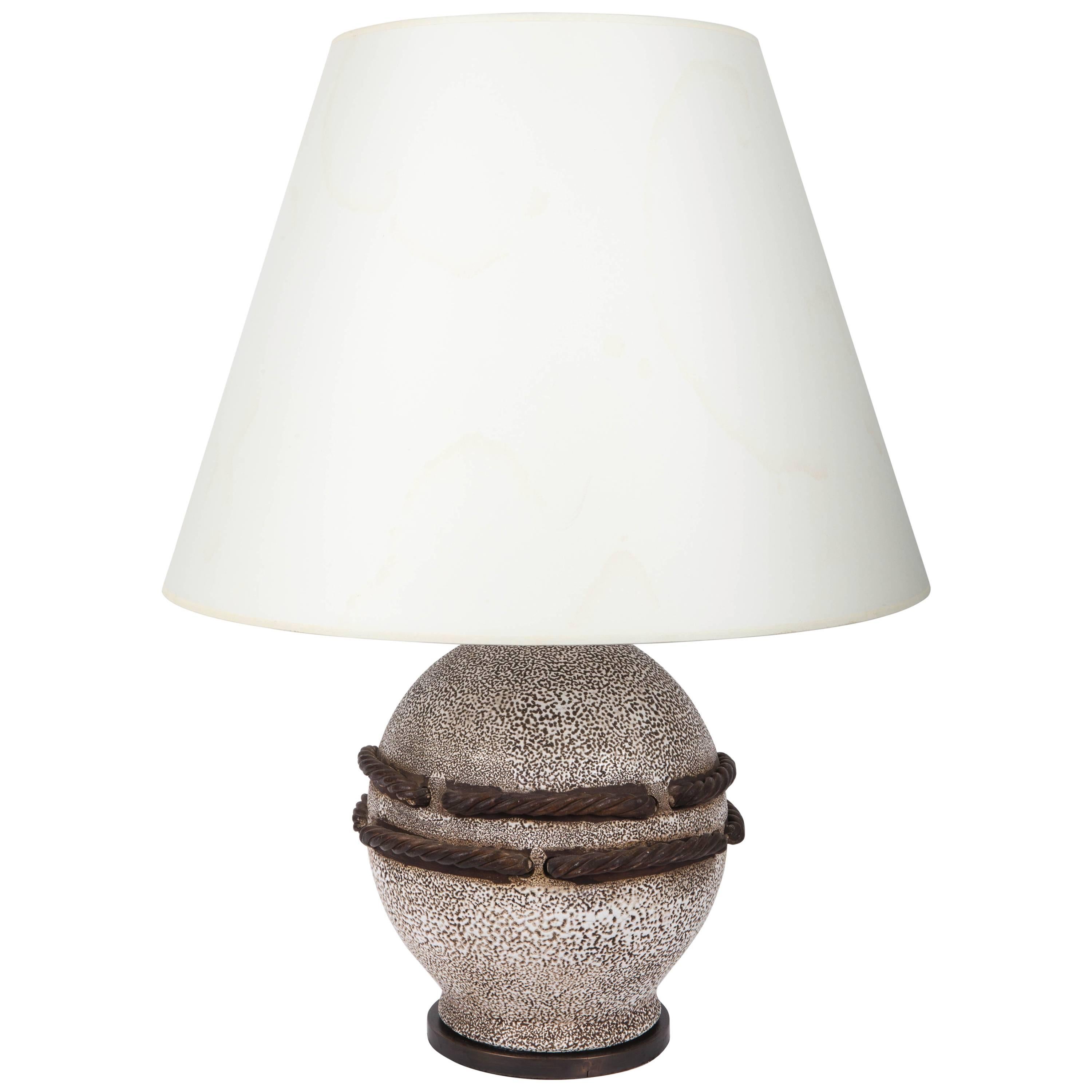 Ivory Stone Enameled Lamp with Brown Rope Detailing