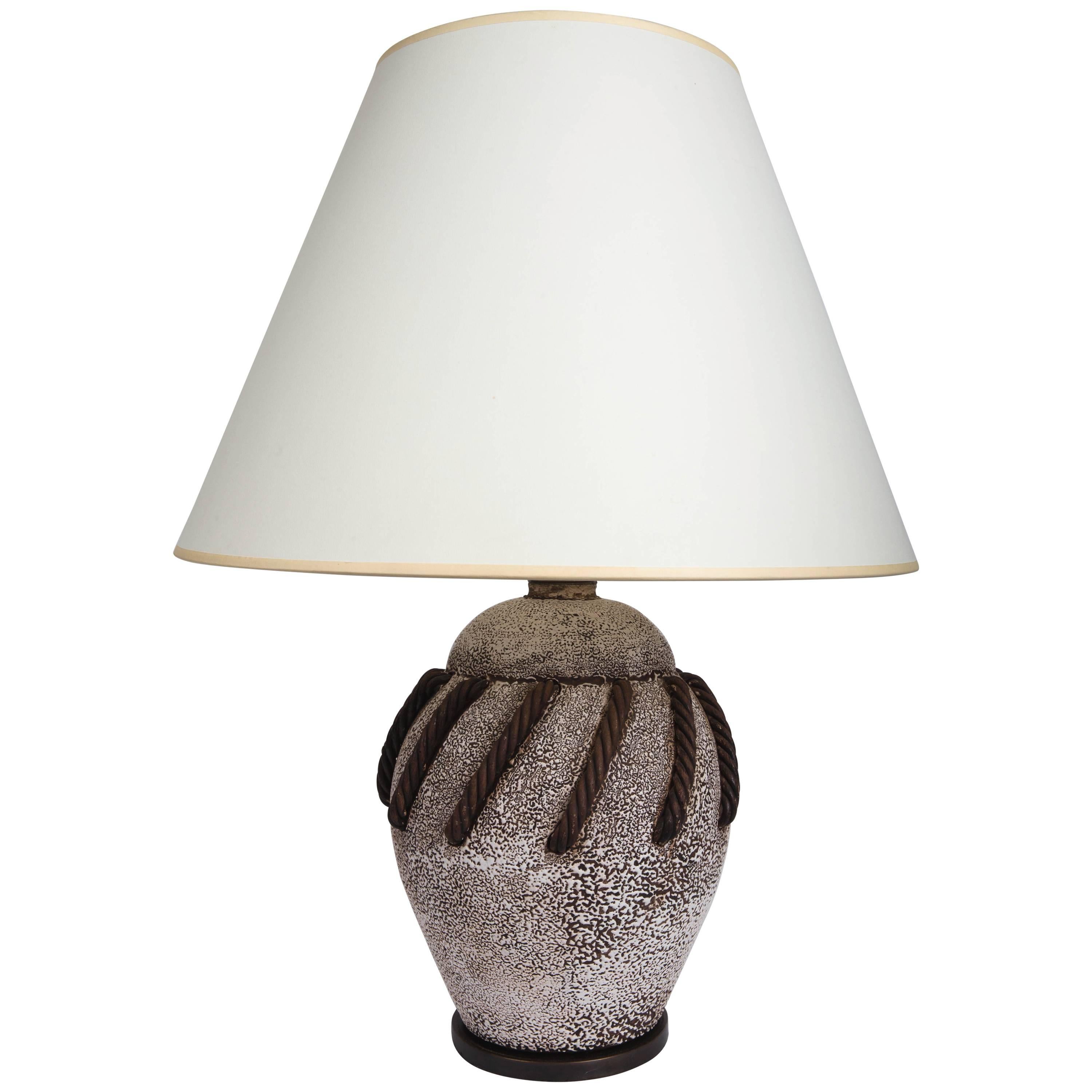 Textured Brown + White Ceramic Lamp with Rope Detailing