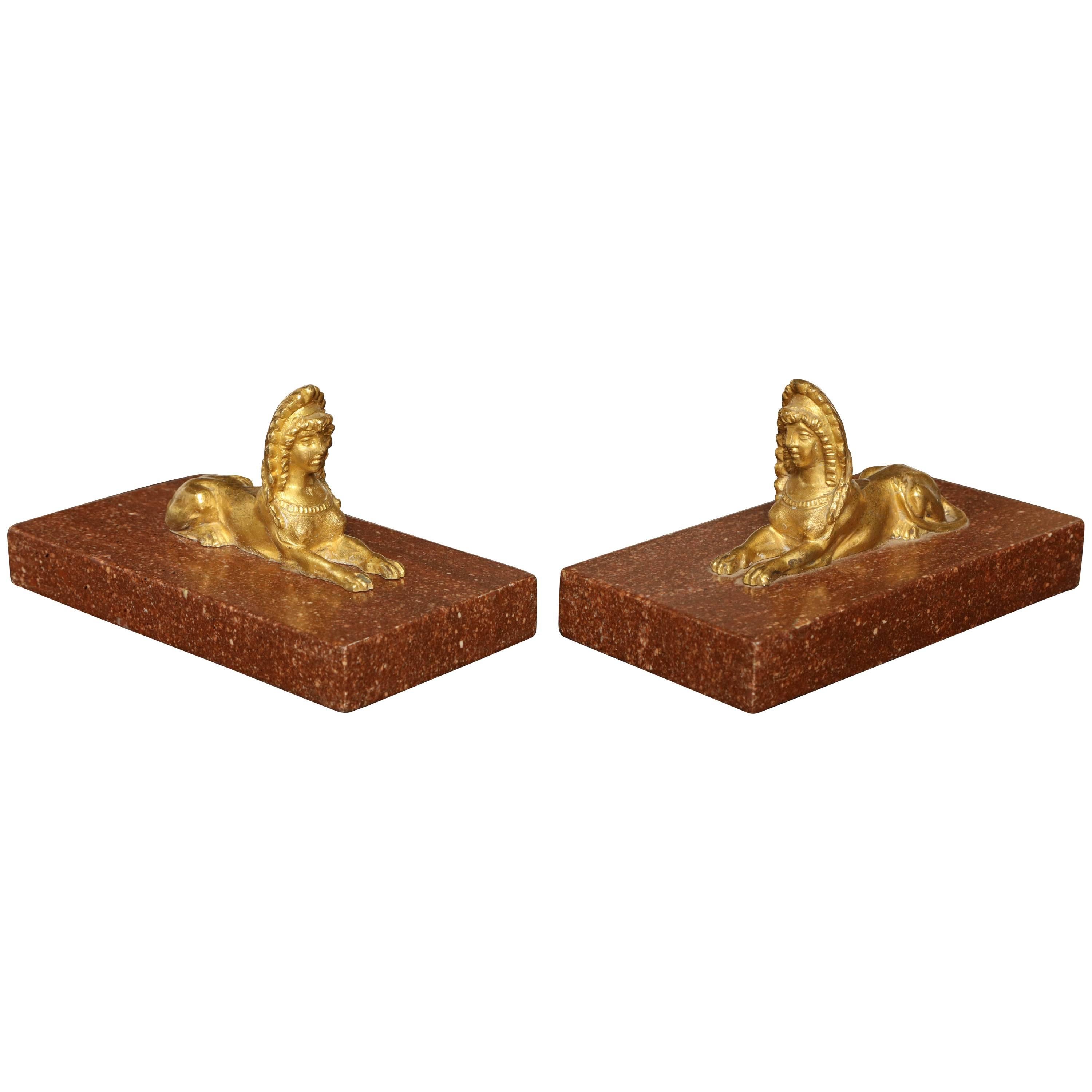 Pair of Gilded Bronze Sphinx on Porphyry