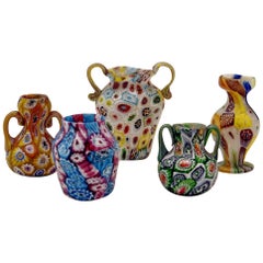 Satz von fünf schönen Vasen aus Muranoglas Millefiori:: um 1910