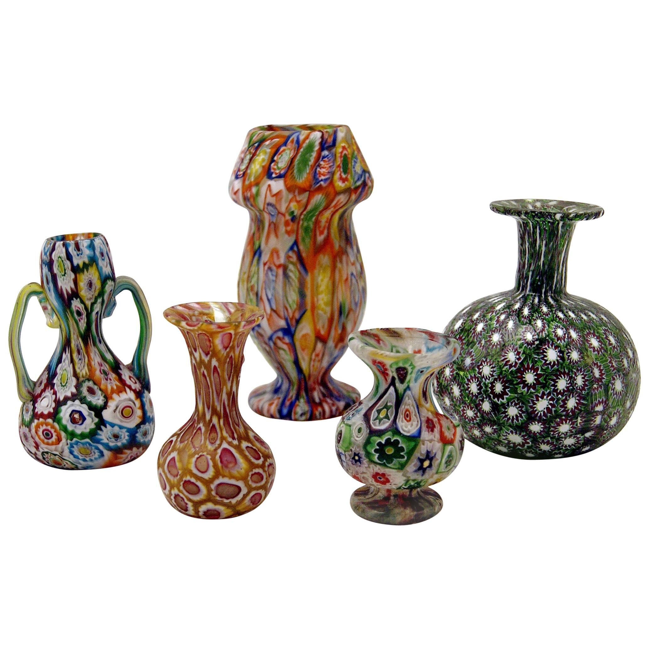 Set of Five Murano Vintage Nice Glass Vases Millefiori B, circa 1910