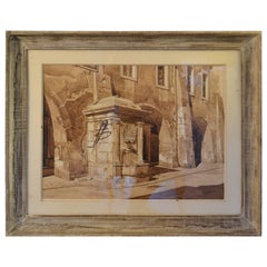 Framed Watercolor Drawing of a Fountain