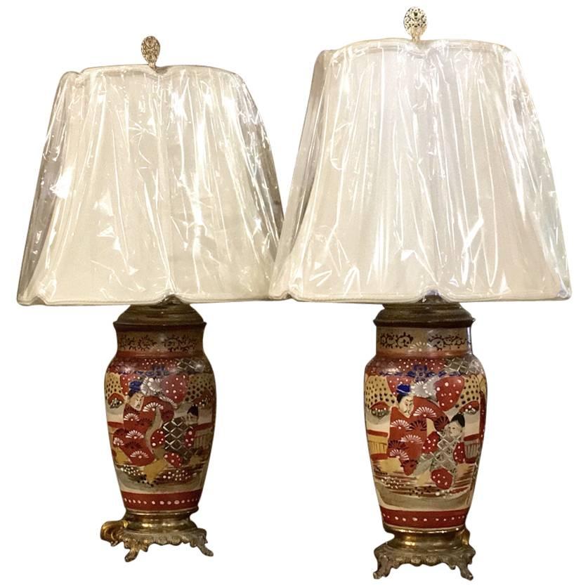 Pair of 19th Century Satsuma Electrified Table Lamps with Silk Shades