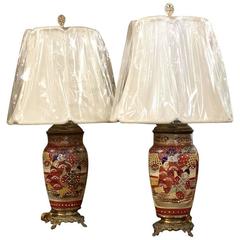 Antique Pair of 19th Century Satsuma Electrified Table Lamps with Silk Shades