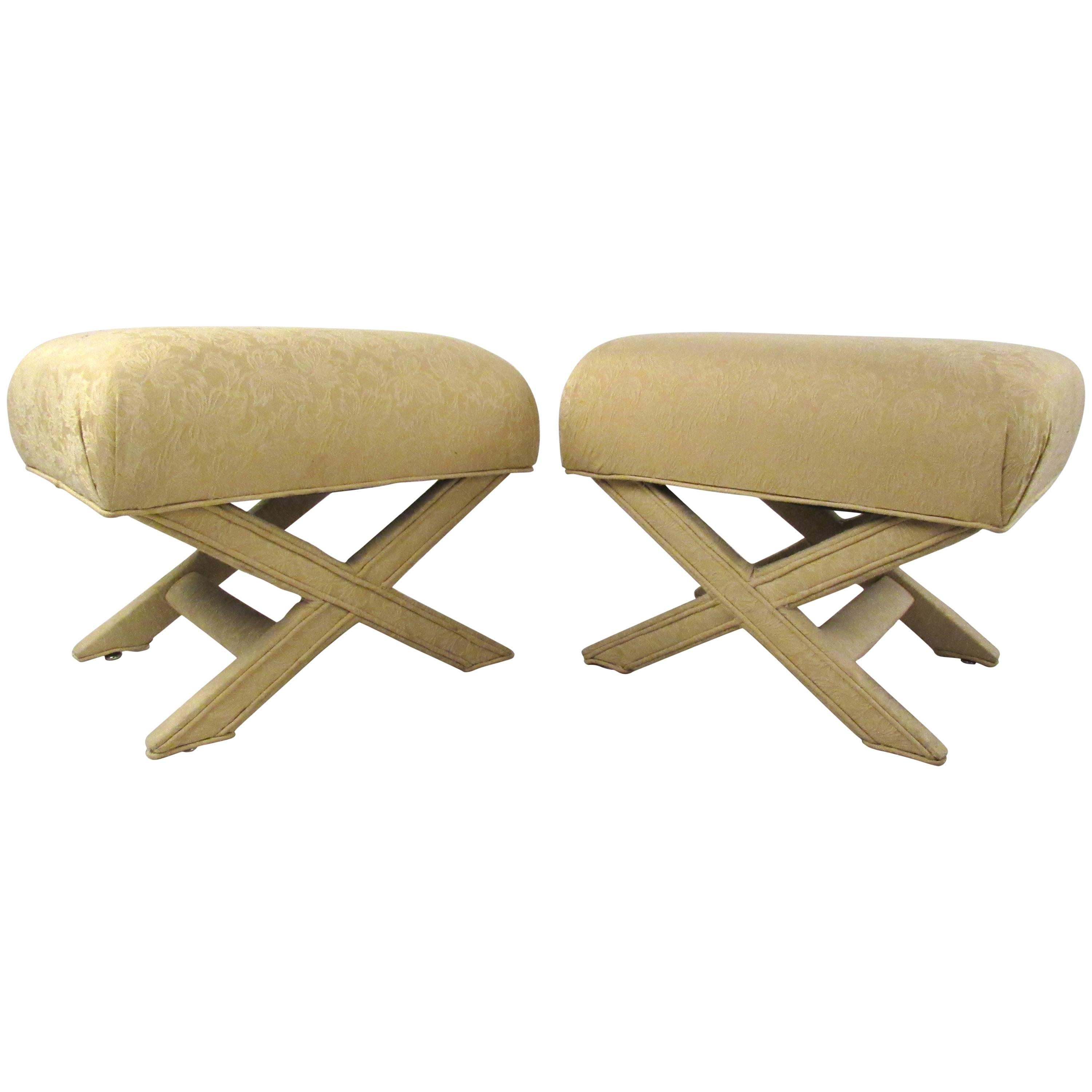 Pair of Vintage "X" Frame Upholstered Ottomans For Sale