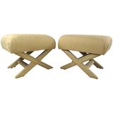 Pair of Vintage "X" Frame Upholstered Ottomans