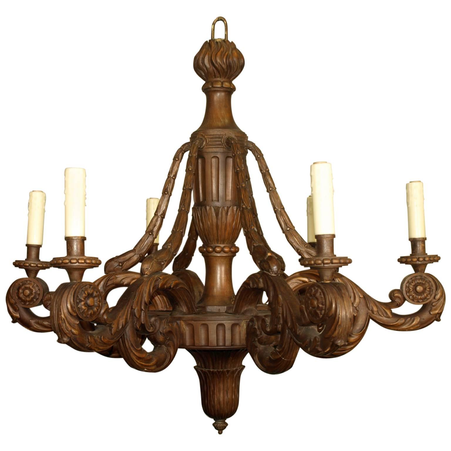 Antique Chandelier, Carved Wood