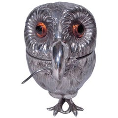 Tiffany Sterling Silver Owl Mustard Pot with Mouse Spoon