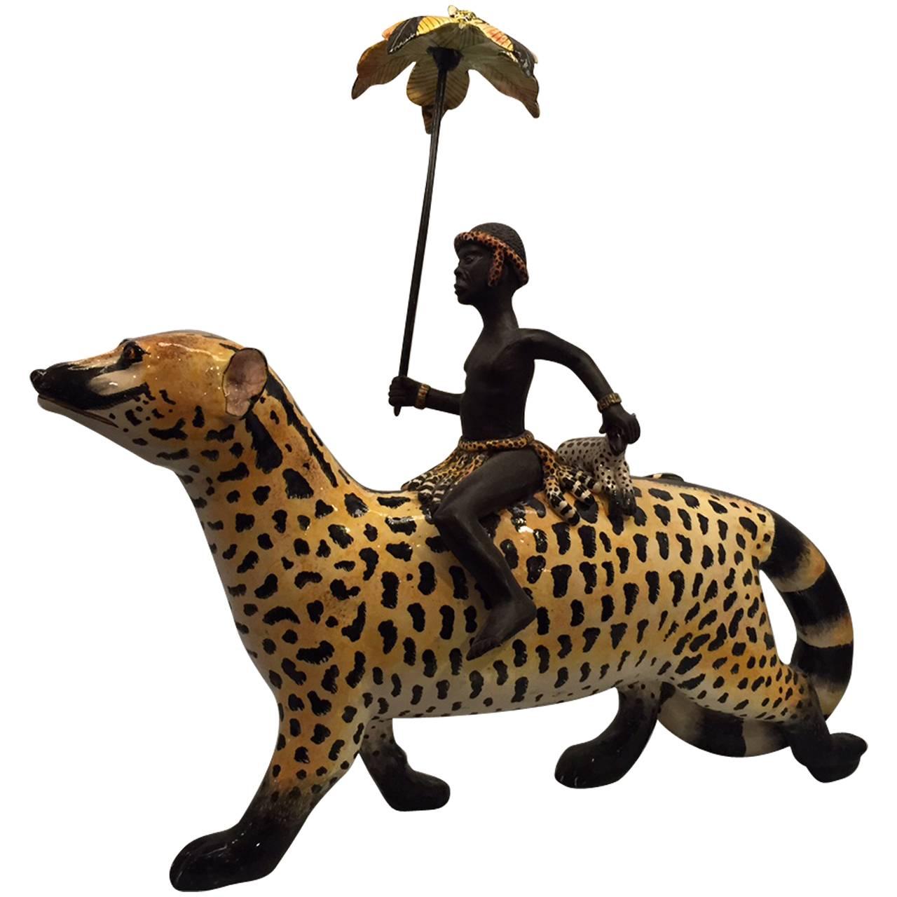 Ardmore South African Ceramic Rider with Parasol on a Wild Dog