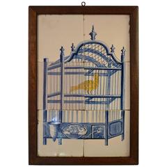 19th Century Delft Tile Panel of a Bird in a Cage