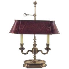 Vintage Cast Brass Library Bouillotte Lamp with Red Tole Shade