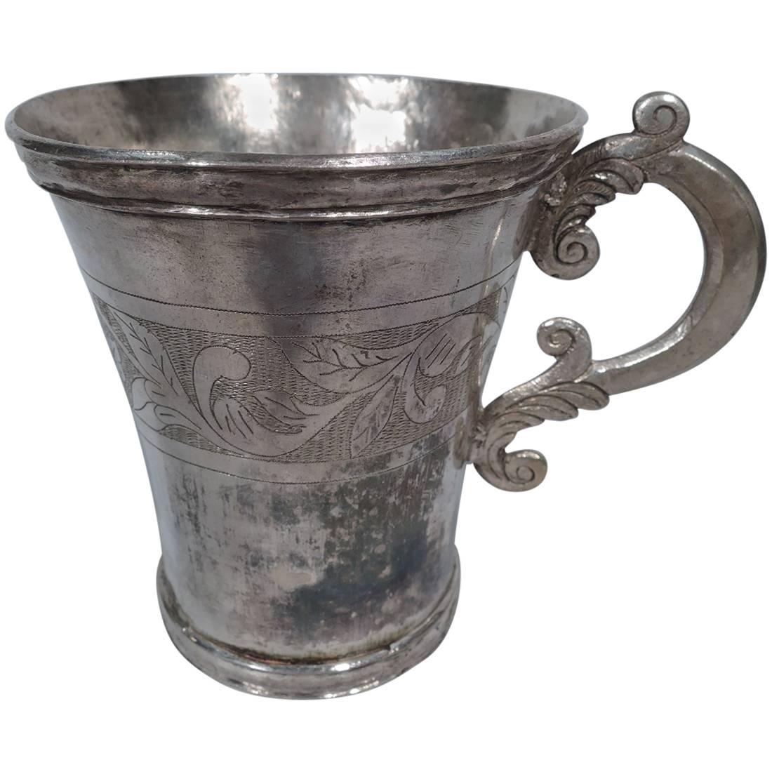 Antique South American Silver Mug with Scrolls and Leaves