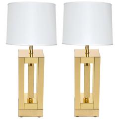 Pair of 1970s Brass Geometric Cube Table Lamps
