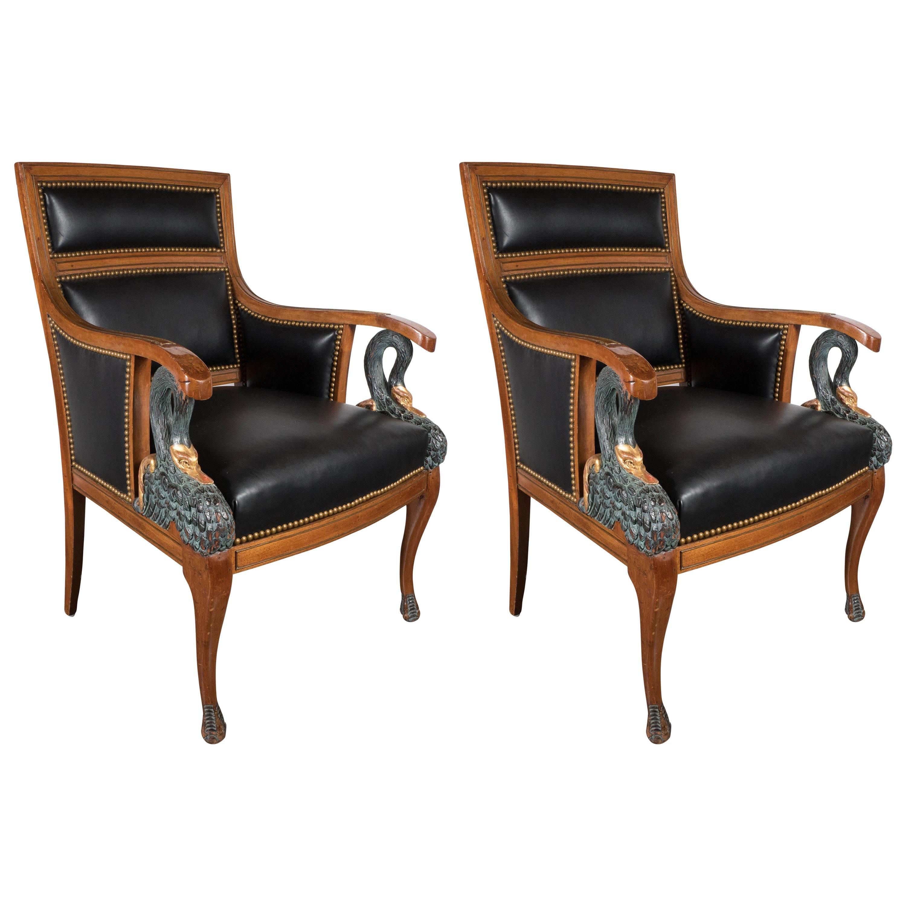 Pair of French Empire Bergeres Chairs with Swan Detailing and Gilt Accents