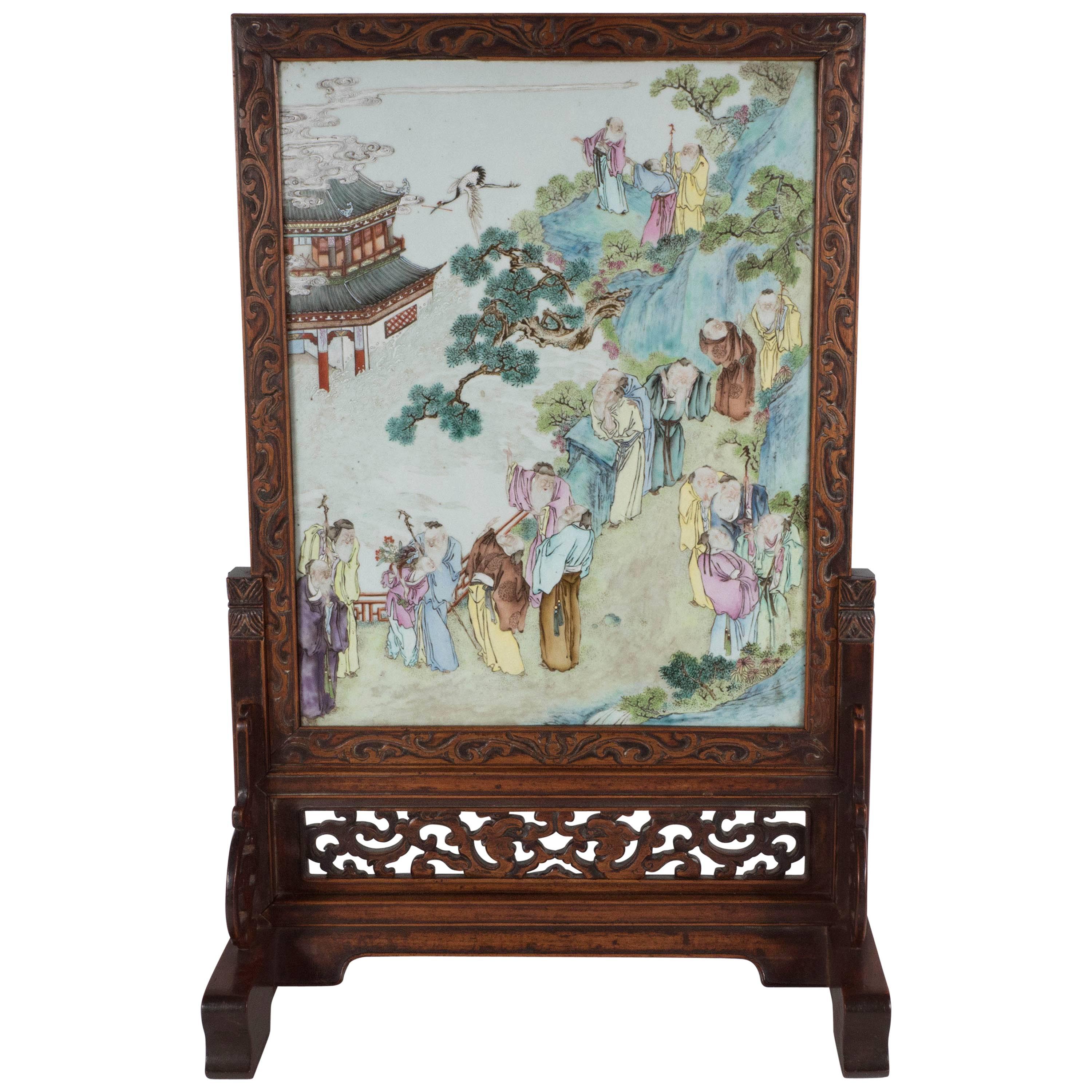 Exquisite Antique 19th Century Chinese Export and Rosewood Table Screen