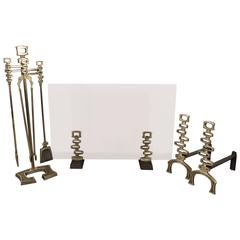 French Mid-Century Modern Bronze Fireplace Suite of Andirons, Tools and Screen