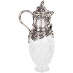 Antique Art Nouveau Sterling Silver and Cut Crystal Wine Decanter or Water Pitcher