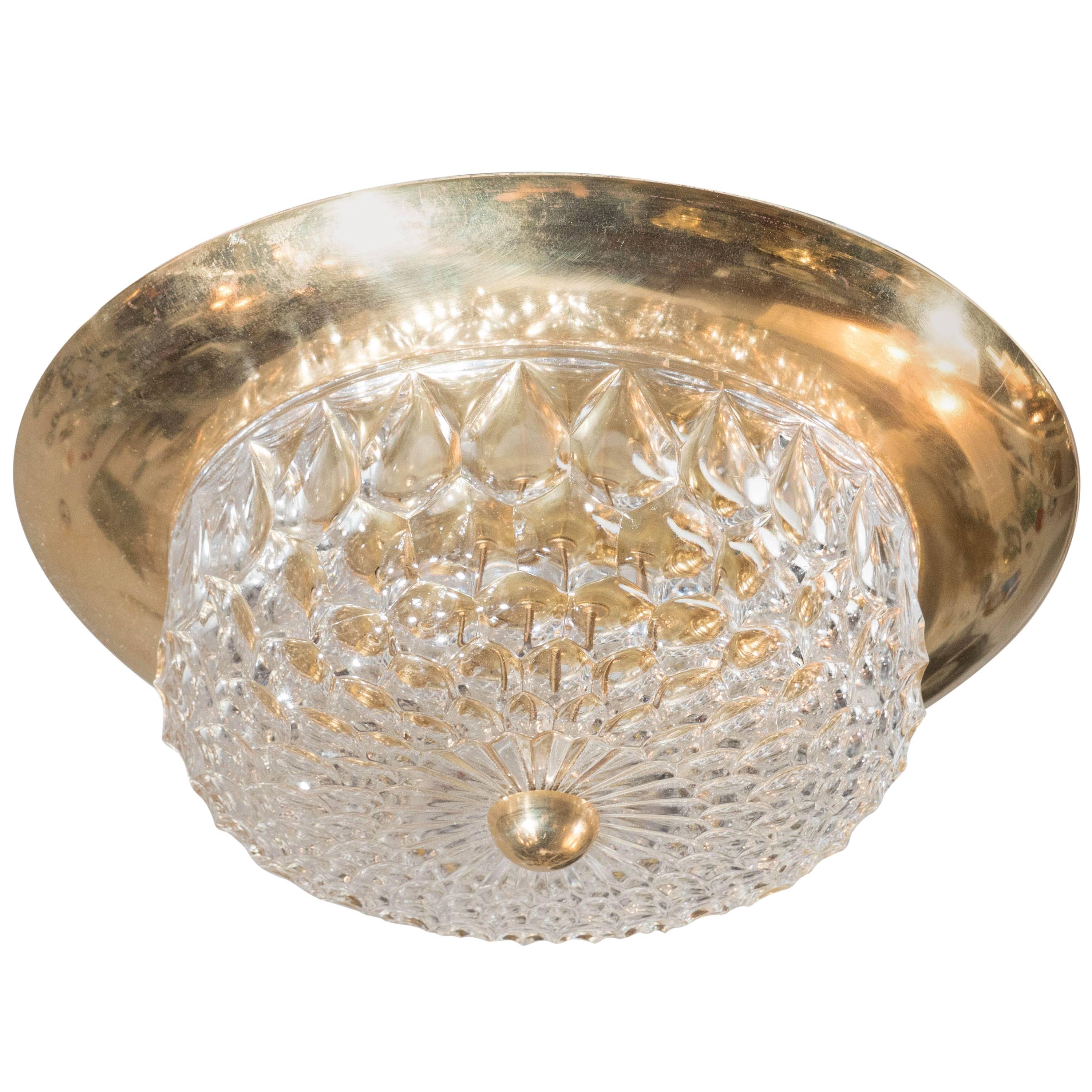 Lustre encastré en laiton et dôme en cristal de style moderniste du milieu du siècle dernier