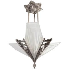 Art Deco Chandelier by Sabino in Nickel & Frosted Skyscraper Style Glass Shades