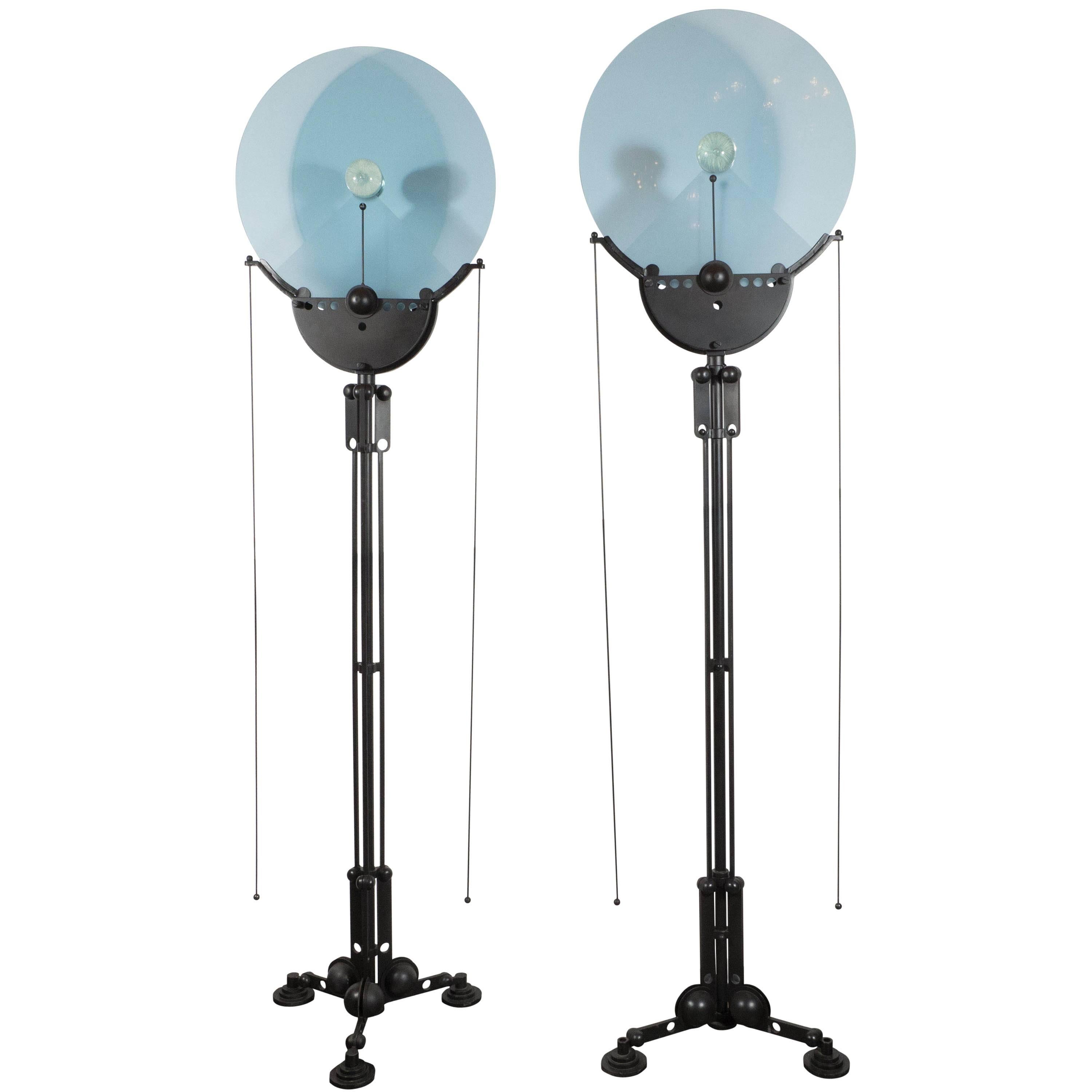 Pair of Structural Memphis Industrial Style Floor Lamps with Murano Glass Discs