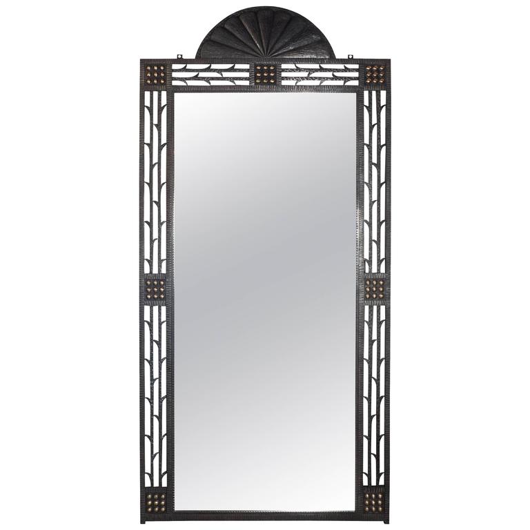 Art Deco LargeScale Mirror in Wrought Iron and Bronze Attributed to