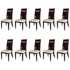 Set of Ten Custom Macassar Dining Chairs with Elm Inset Details and Brass Sabots