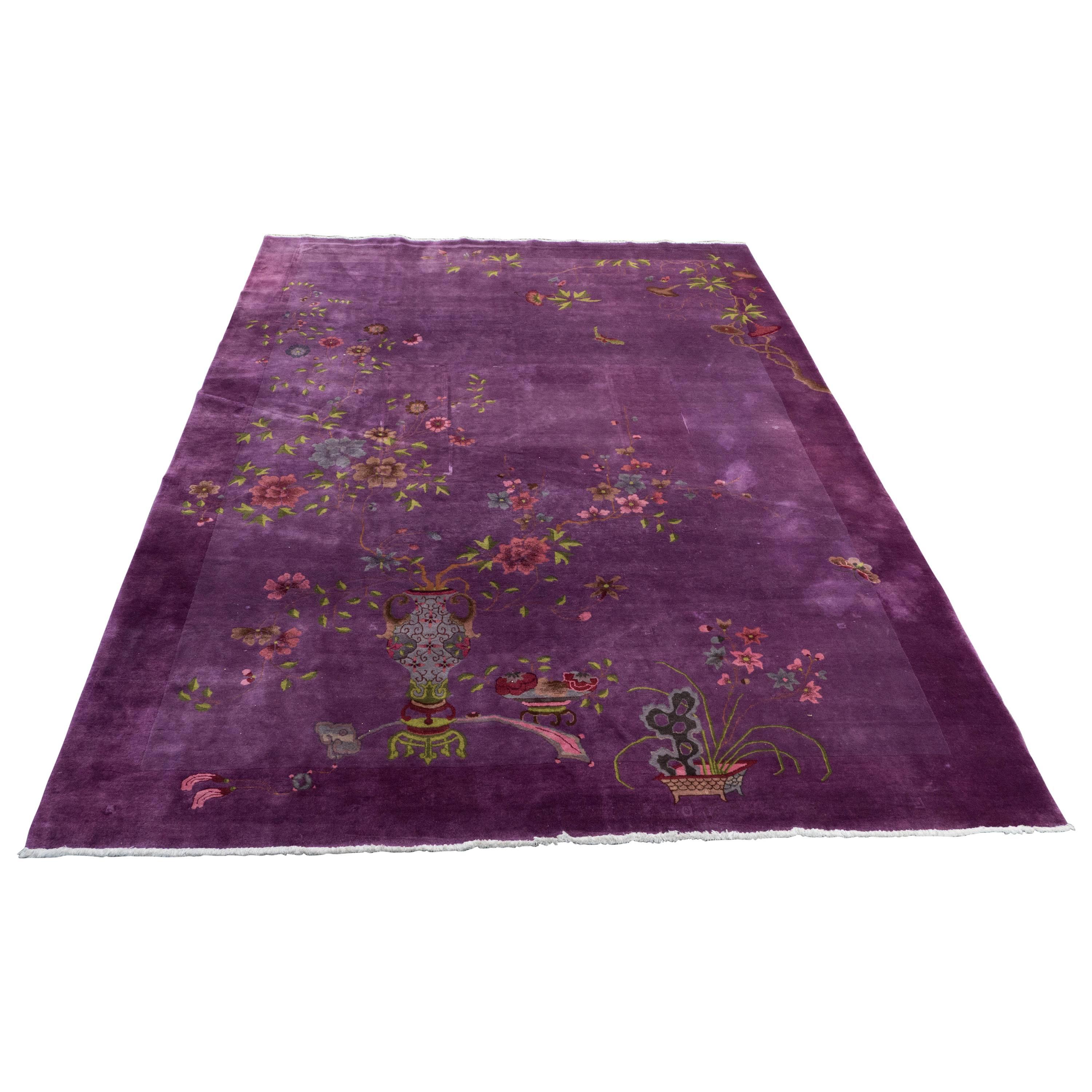 Exotic Chinese Art Deco Rug in Shades of Lilac Purple and Mauve Wool, circa 1925