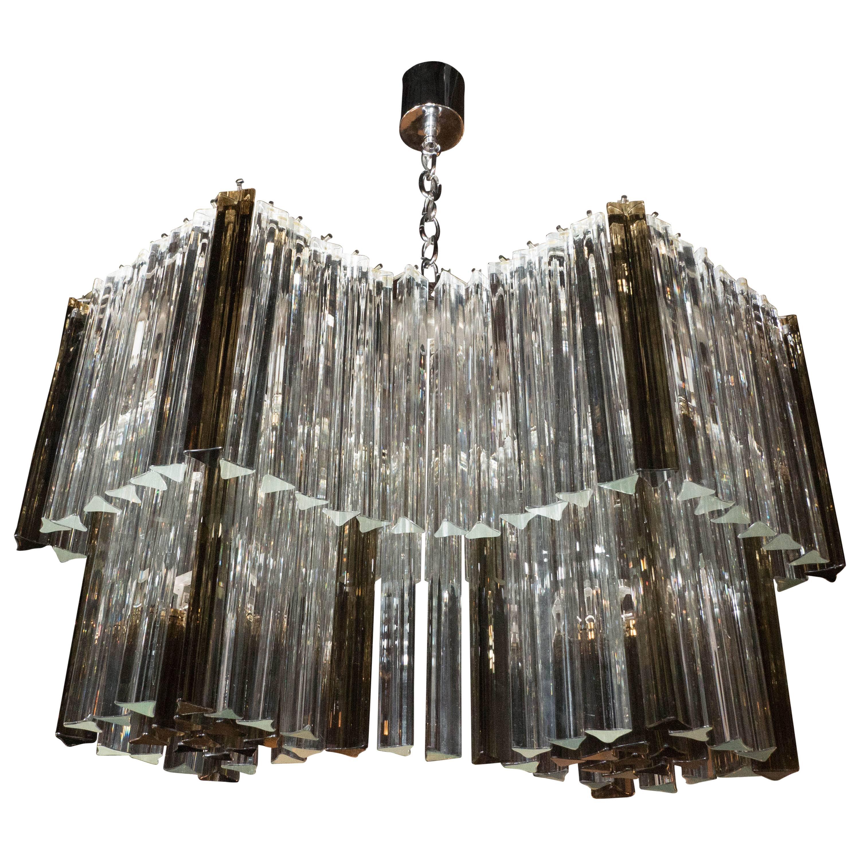 Mid-Century Infinity Chandelier in Smoked and Clear Murano Triedre Crystals