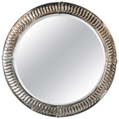 Vintage 1940s Hollywood Regency Round Mirror with Reverse-Etched and Beveled Detailing