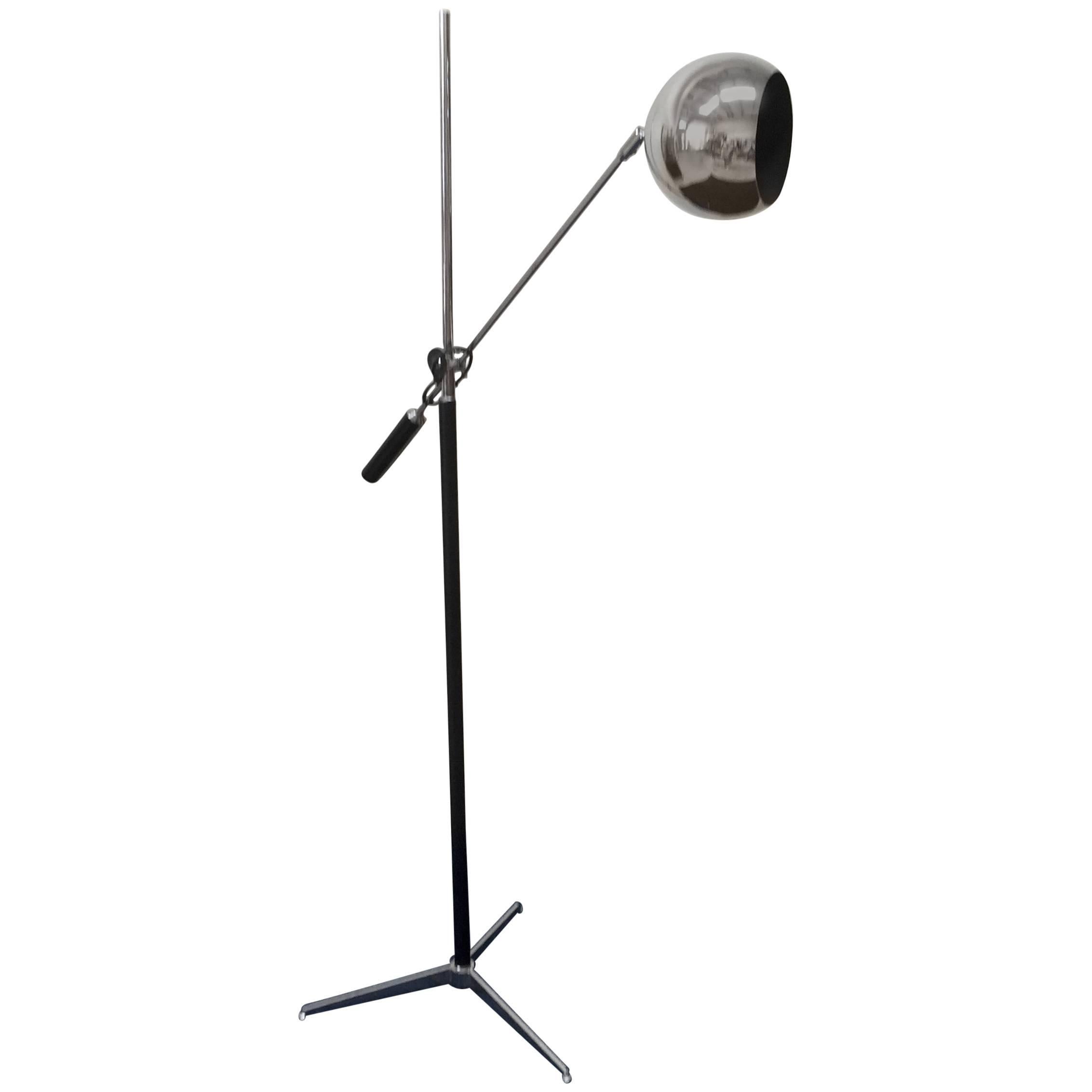 Single-Arm Italian Tripod Lamp with Single Chrome Globe For Sale