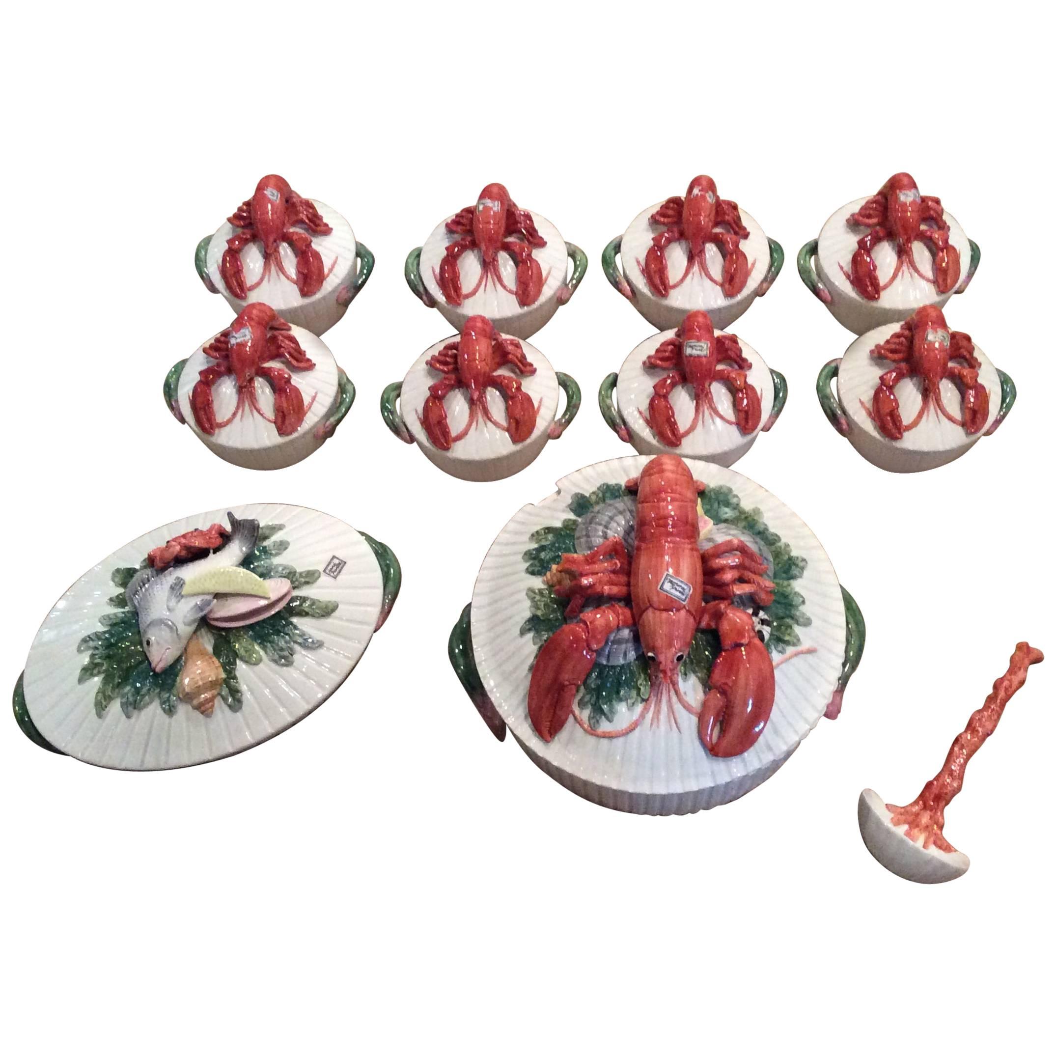 M Fitz & Floyd Soup Bowls Lobster Vintage 11 Piece Coral Fish Palm Beach
