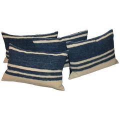 Set of Four Indigo and White Striped Alpaca Bolster Pillows