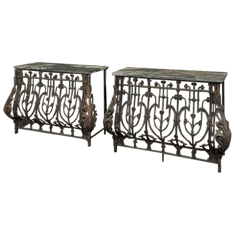 Pair of 19th Century Marble-Top Hand-Forged Wrought Iron French Consoles