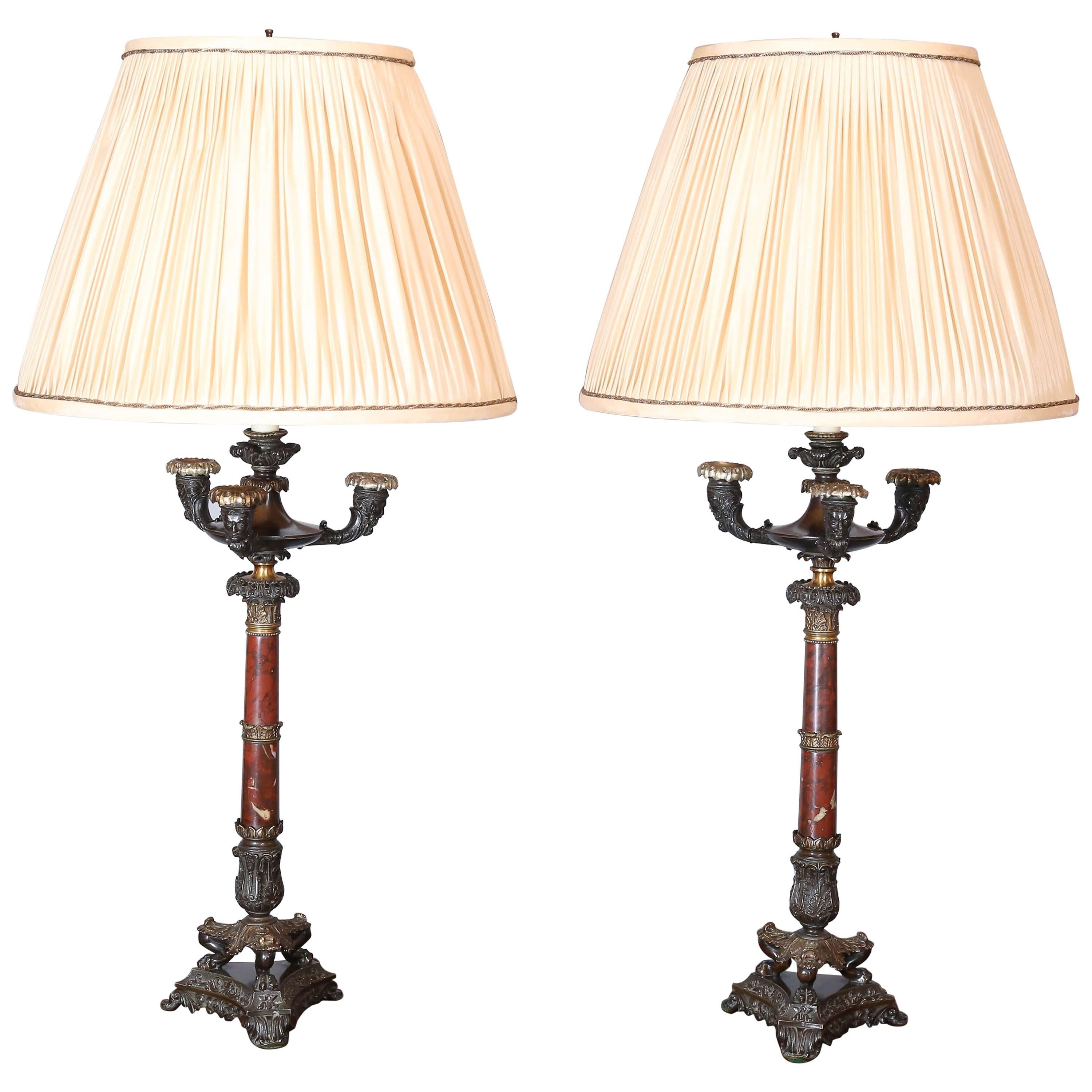 Good Pair of Regency Four-Light Bronze and Marble Candelabra For Sale