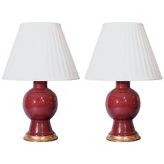 Pair of Claret, Color Gourd Shape Porcelain Lamps